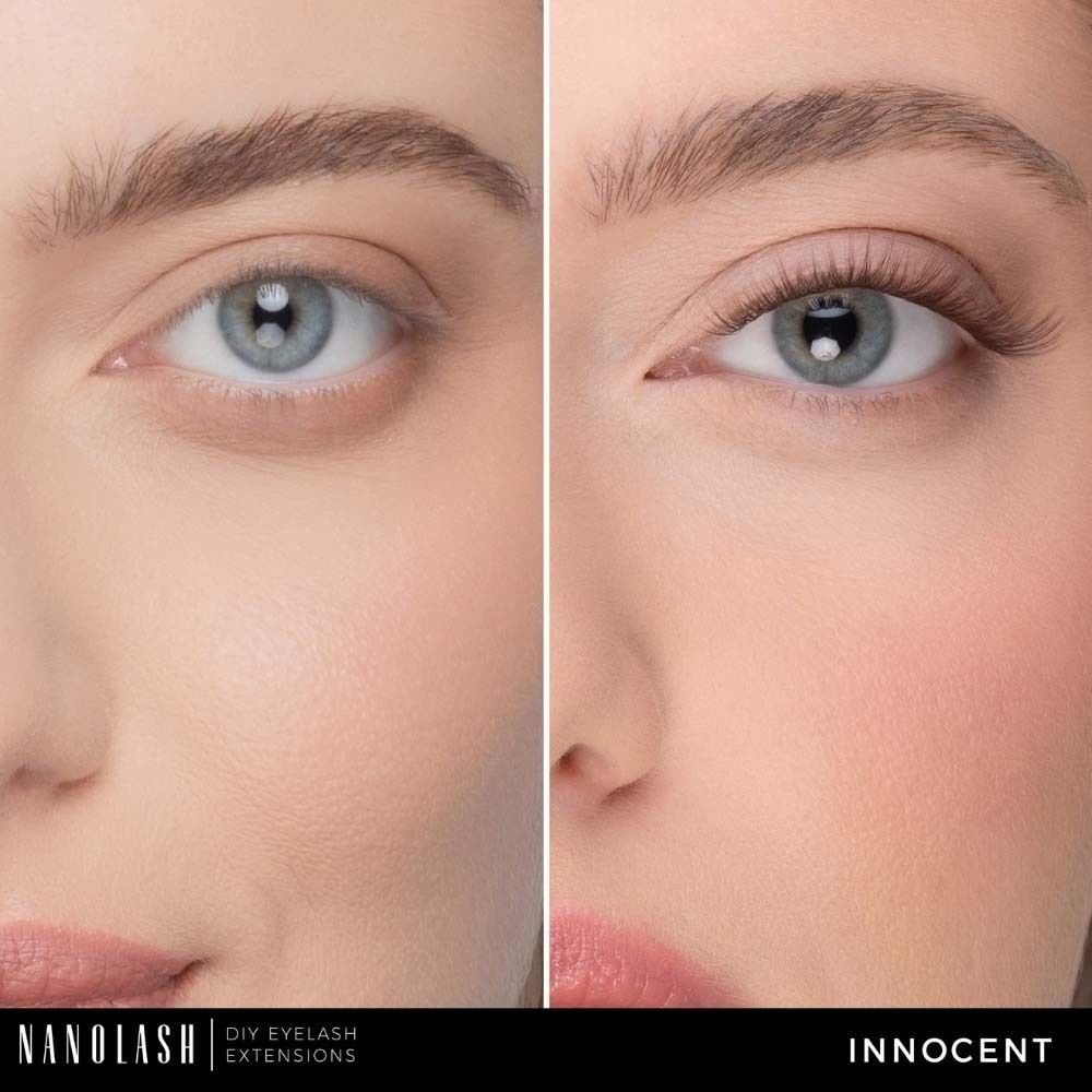 Comparaison avant-après des cils. Gauche : cils naturels. Droite : cils allongés et plus volumineux.