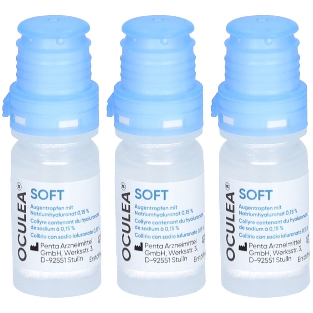 Trois flacons de gouttes ophtalmiques avec bouchons bleus. Inscription : OCULEA SOFT. Contient de l'hyaluronate de sodium 0,15%.