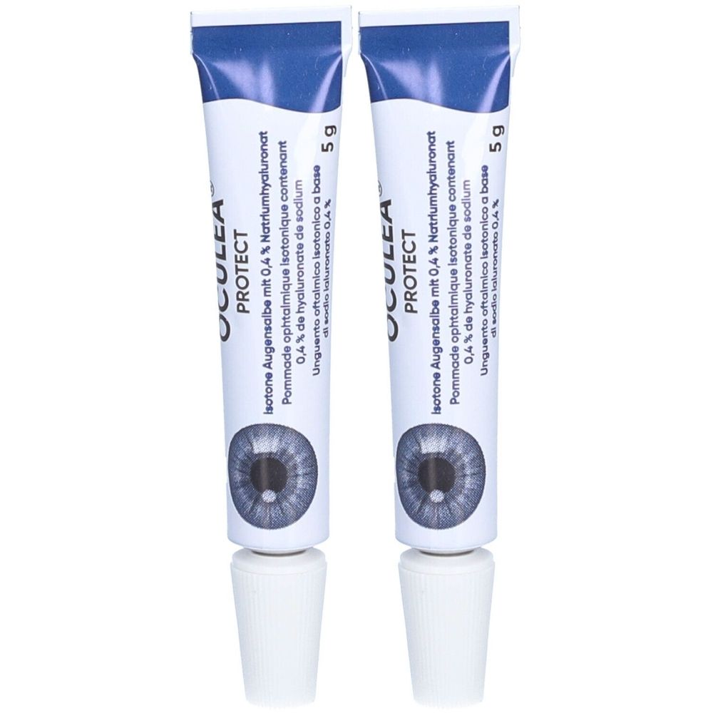 Twee tubes OCULEA PROTECT oogzalf. Witte tubes met blauwe dop, tekst en oogillustratie.