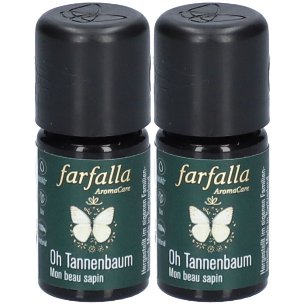 Twee kleine flesjes met zwarte dop. Labels: "farfalla AromaCare" en "Oh Tannenbaum". 