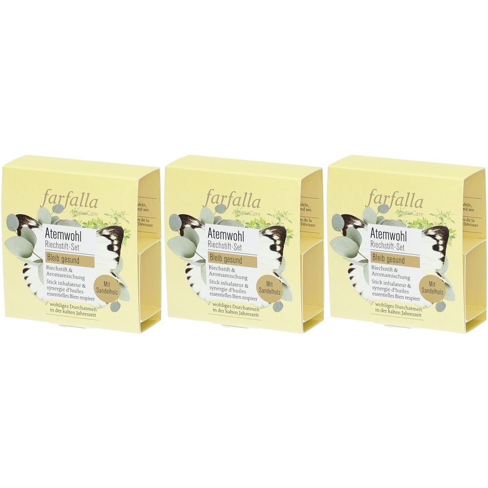 Trois boîtes jaunes avec impression. Inscription : Farfalla AromaCare Set, Atemwohl, Reichtum Set. Avec illustrations et texte.