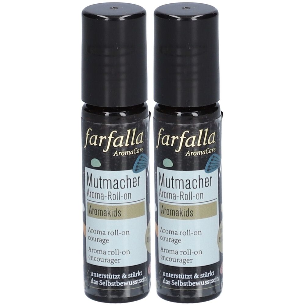 Deux flacons roll-on noirs. Inscription : farfalla AromaCare, Mutmacher Aroma-Roll-on, Aromakids.