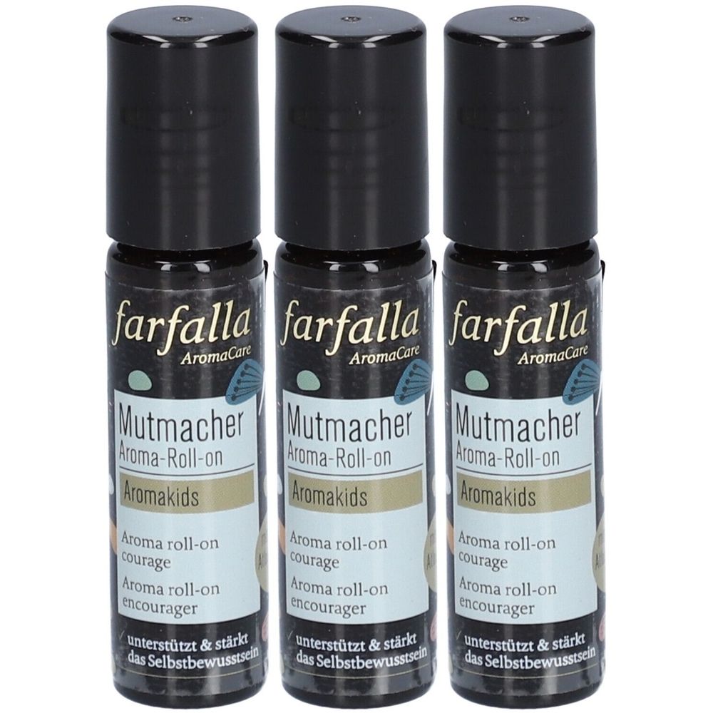 Trois roll-ons Farfalla AromaCare. Bouchon noir, étiquette avec texte: Mutmacher Aroma-Roll-on Aromakids.