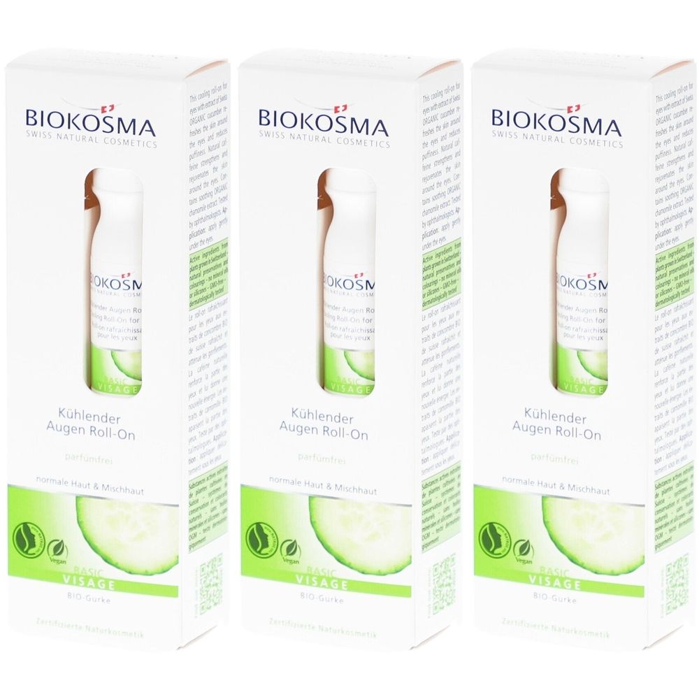Trois boîtes de BIOKOSMA roll-on pour les yeux. Boîtes blanches avec produit et tranche de concombre. Texte: Kühlender Augen Roll-on.