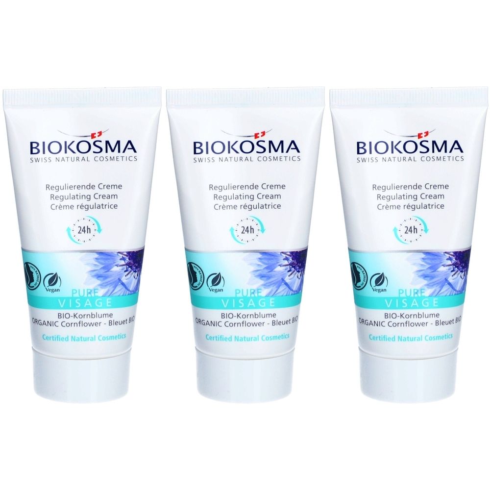 Trois tubes de crème. Inscription: BIOKOSMA, Crème régulatrice, 24h, Pure Visage. Avec bleuet bio. Cosmétiques naturels certifiés.
