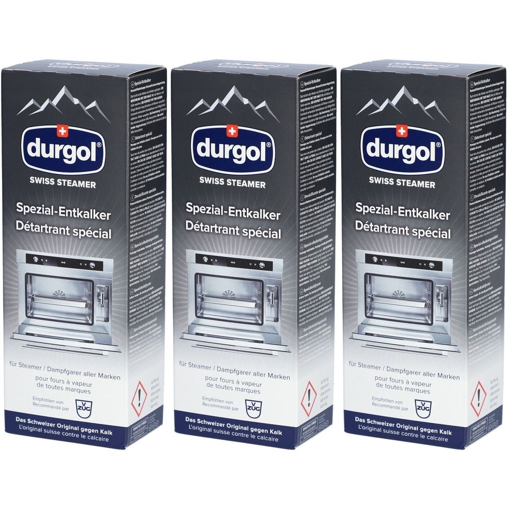 Drie dozen "durgol Swiss Steamer Spezial-Entkalker". Zwarte verpakking met productafbeelding en tekst in het Duits en Frans.