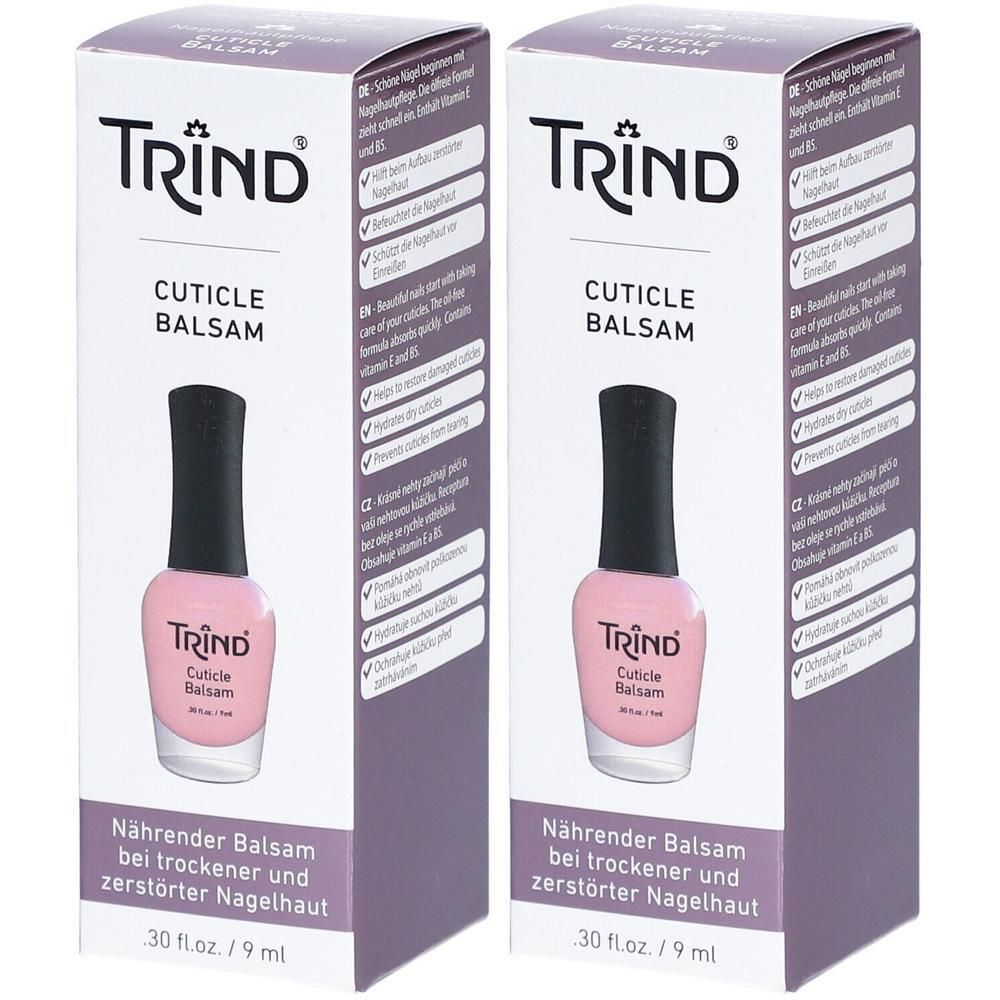 Twee verpakkingen TRIND® nagelriembalsem. Roze balsem in een flesje met zwarte applicator.