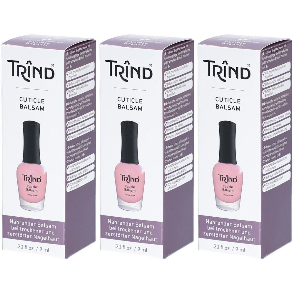 Trois paquets de baume pour cuticules TRIND®. Chaque paquet contient un flacon de vernis à ongles rose avec un bouchon noir.