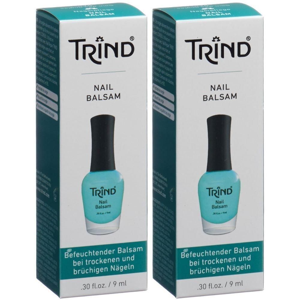 Deux boîtes de TRIND Nail Balsam, 9 ml chacune. Flacons bleu clair avec bouchon noir.