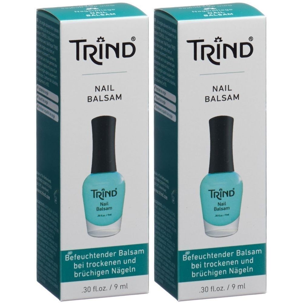 Deux boîtes de TRIND Nail Balsam, 9 ml chacune. Flacons bleu clair avec bouchon noir.