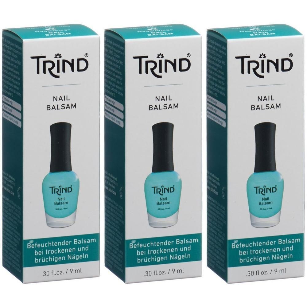 Trois boîtes de TRIND Nail Balsam, chacune contenant un flacon de sérum pour ongles bleu sarcelle.