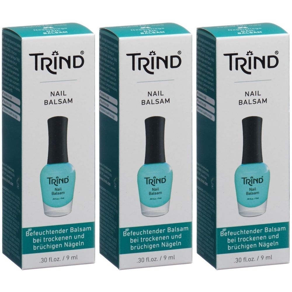 Trois boîtes de TRIND Nail Balsam, chacune contenant un flacon de sérum pour ongles bleu sarcelle.