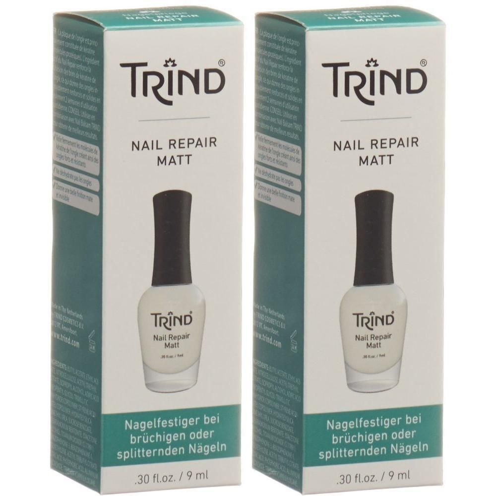 Twee dozen TRIND Nail Repair Matt nagellak. Elke doos toont een flesje nagellak.