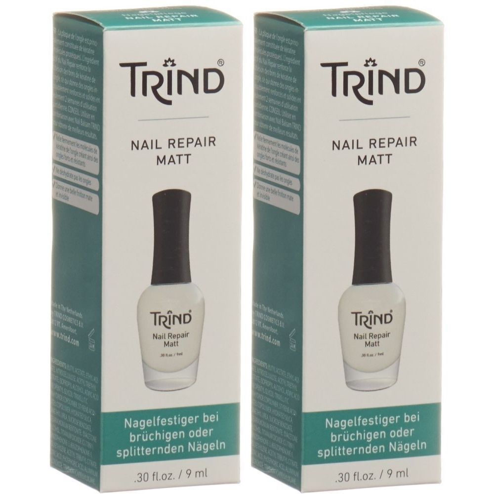 Deux boîtes de vernis à ongles TRIND Nail Repair Matt. Chaque boîte montre une bouteille de vernis.