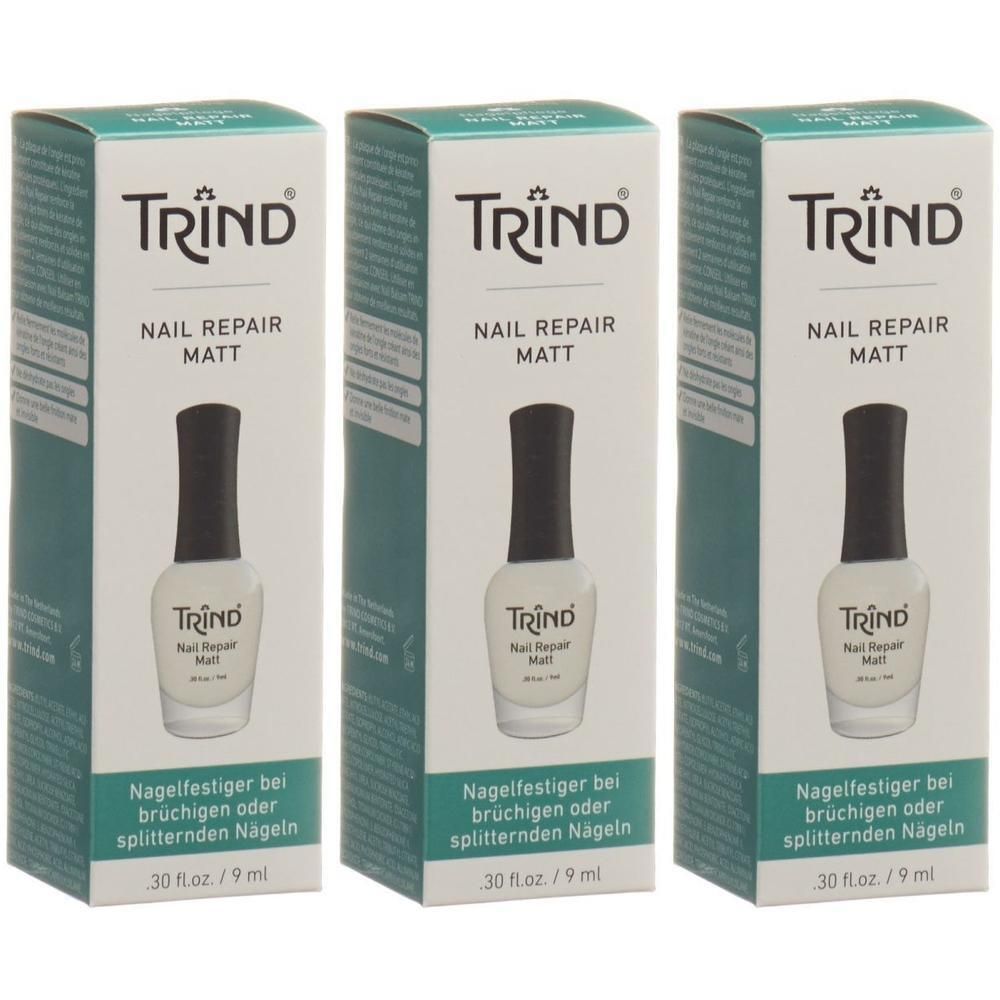Drie dozen TRIND Nail Repair Matt nagellak. Elke doos toont een afbeelding van de nagellak.