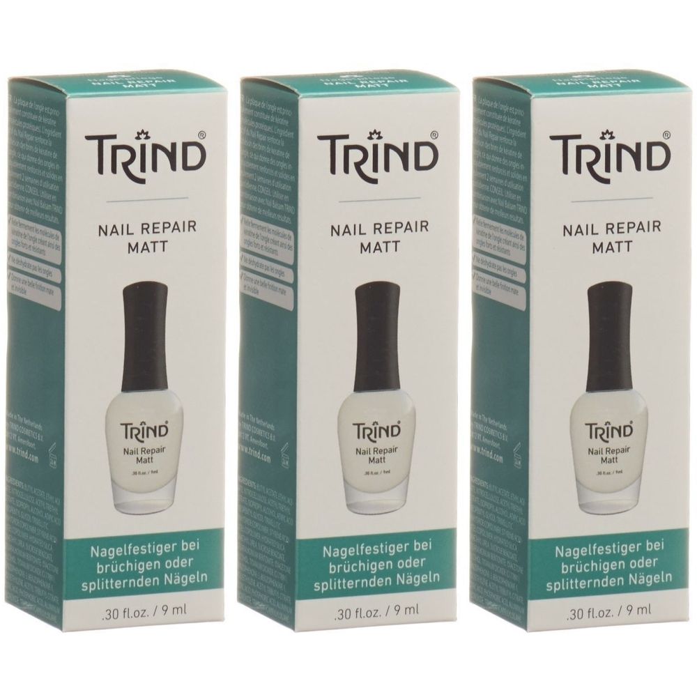 Trois boîtes de vernis à ongles TRIND Nail Repair Matt. Chaque boîte montre une image du vernis.