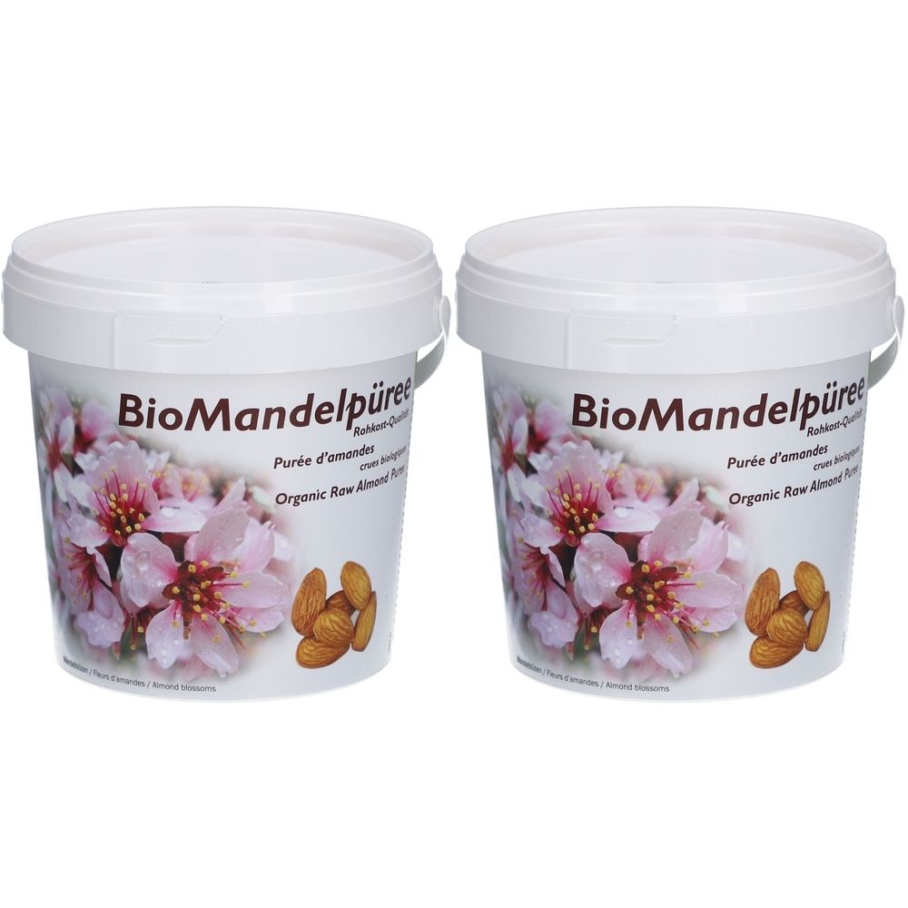 Deux pots de purée d'amandes bio avec motif de fleurs et d'amandes.