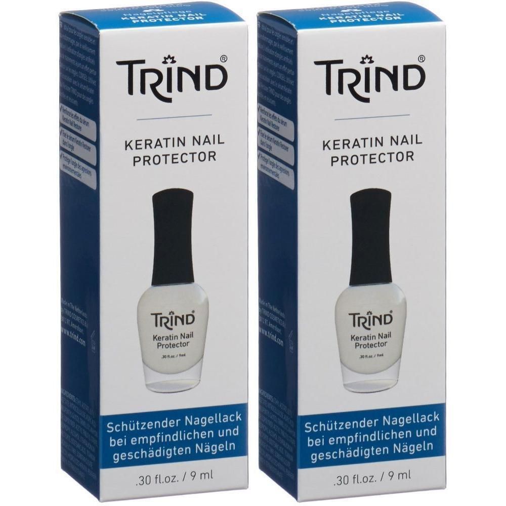 Deux boîtes de TRIND Keratin Nail Protector. Flacons de vernis transparents avec bouchons noirs. Texte en français.