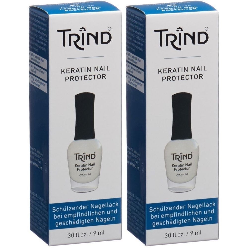 Twee dozen TRIND Keratin Nail Protector. Transparante nagellakflesjes met zwarte doppen. Tekst in het Nederlands.