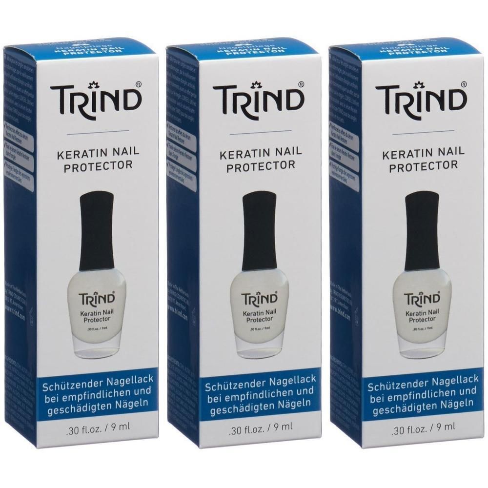 Drie dozen TRIND Keratin Nail Protector base coat. Elke doos toont een fles nagellak.