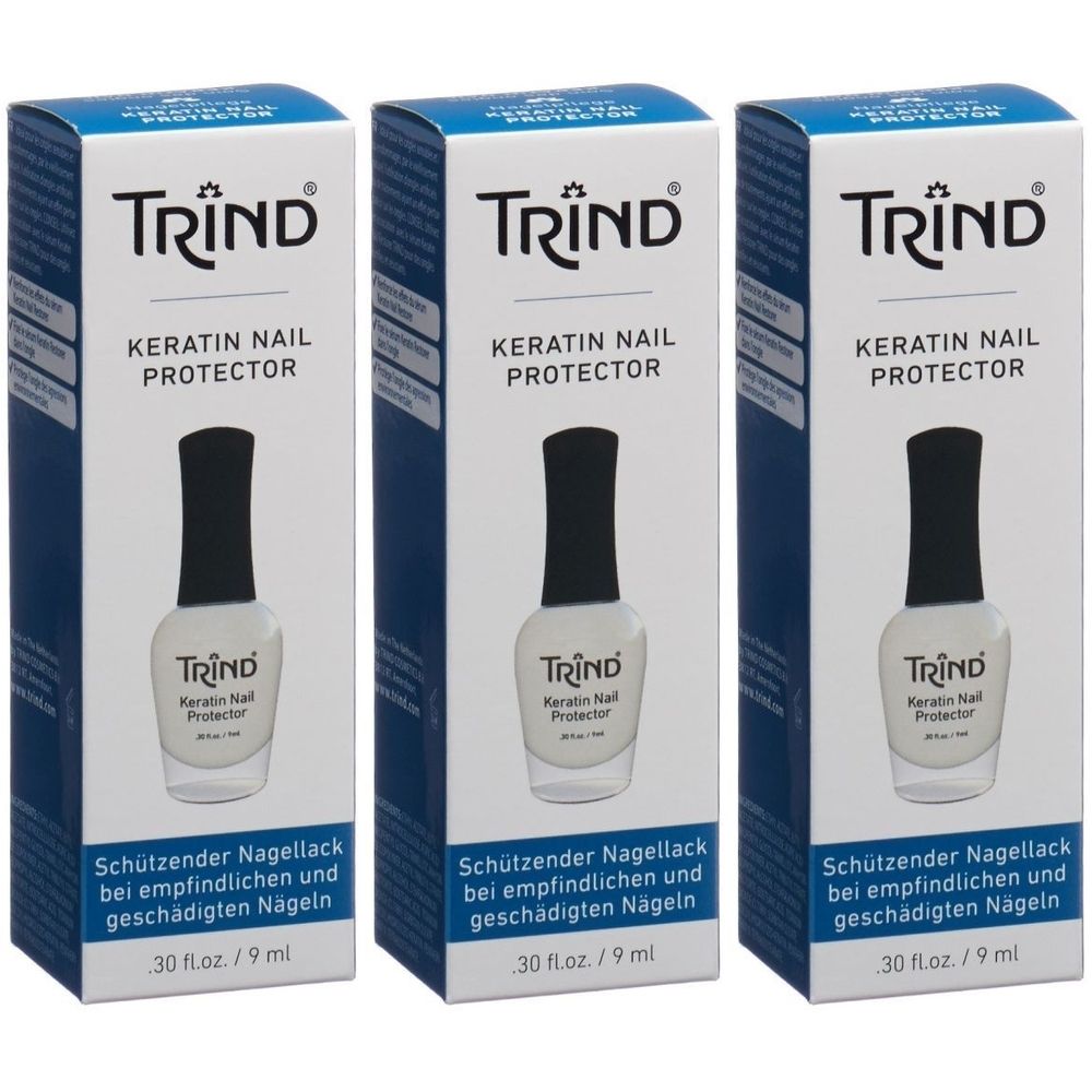 Trois boîtes de TRIND Keratin Nail Protector base coat. Chaque boîte montre une bouteille de vernis à ongles.