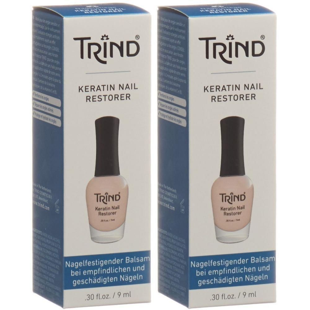 Twee dozen TRIND Keratin Nail Restorer, elk 9 ml. Bevat nagelverstevigende balsem voor gevoelige of beschadigde nagels.