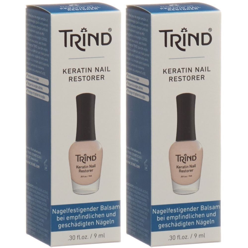 Twee dozen TRIND Keratin Nail Restorer, elk 9 ml. Bevat nagelverstevigende balsem voor gevoelige of beschadigde nagels.
