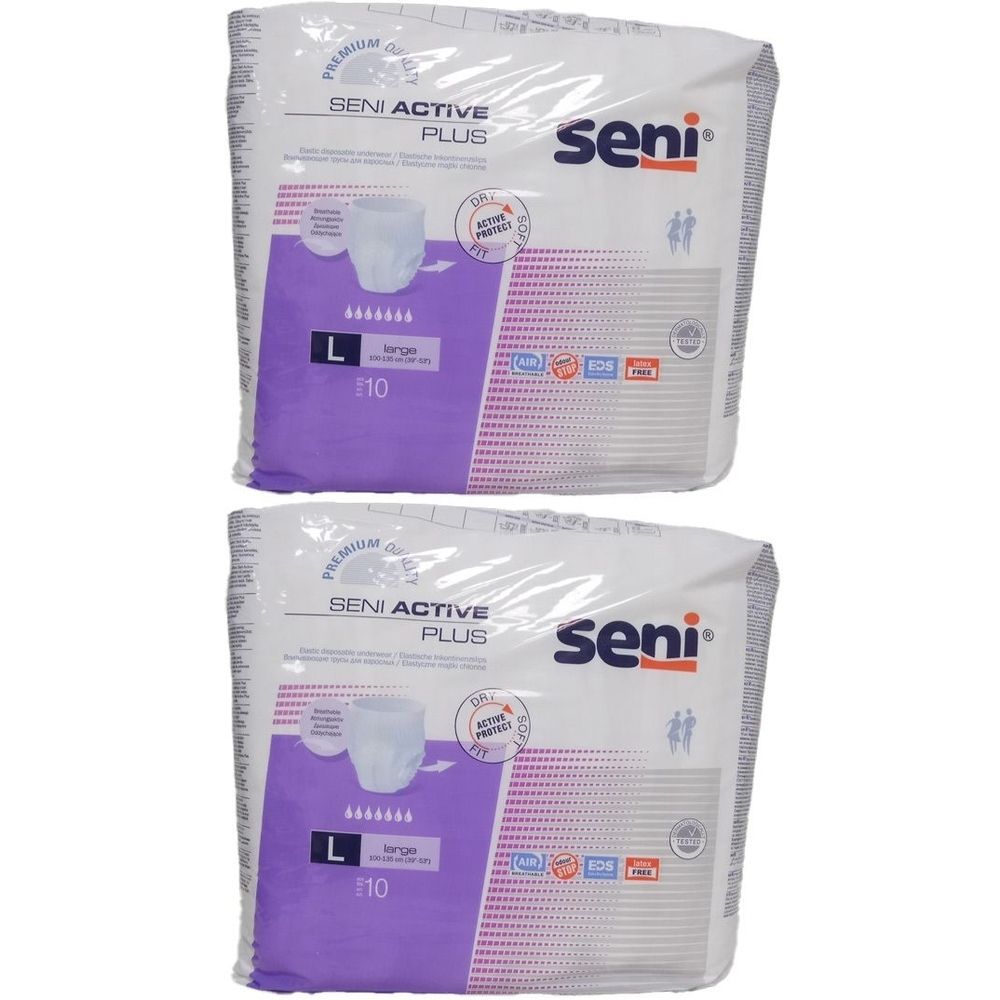 Twee verpakkingen Seni Active Plus luiers. Verpakking met productafbeelding, maat L, absorptie 10. Merk Seni.