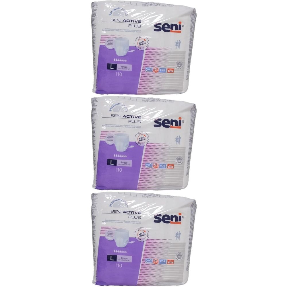 Trois paquets de SENI Active Plus. Chaque paquet montre une image du produit, la taille L et le chiffre 110. Le logo SENI est visible.