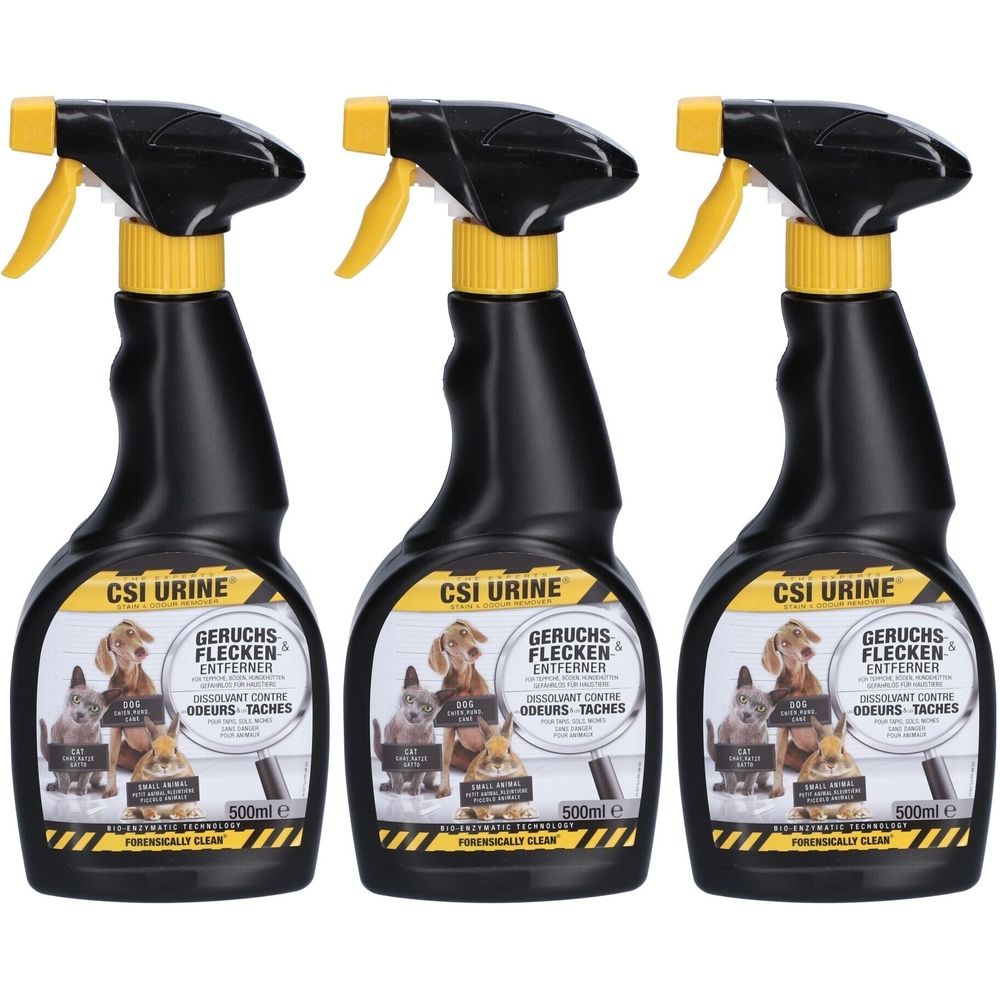 Trois flacons pulvérisateurs noirs avec des accents jaunes. Les étiquettes indiquent "CSI URINE" et "GERUCHS FLECKEN ENTFERNER".