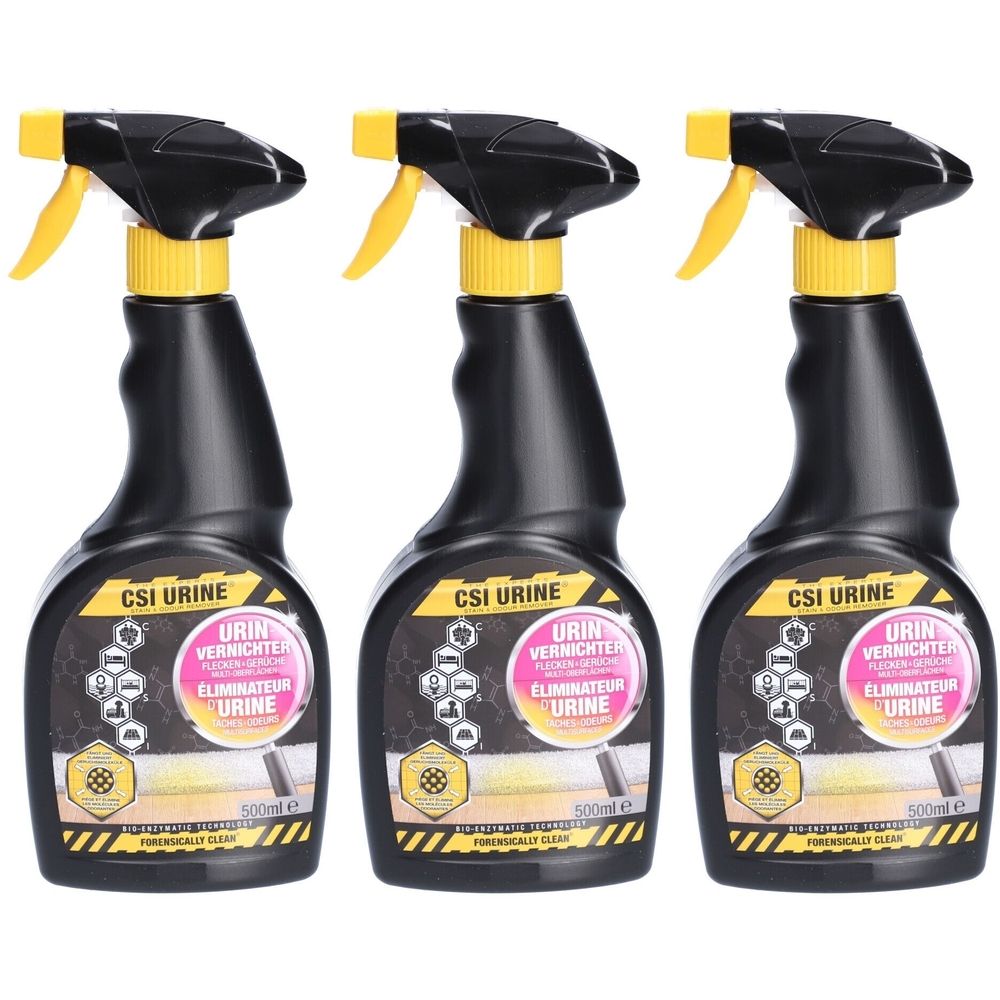 Drie zwarte spuitflessen met gele spuitkoppen. De etiketten tonen "CSI URINE" en "URIN VERRICHTER".