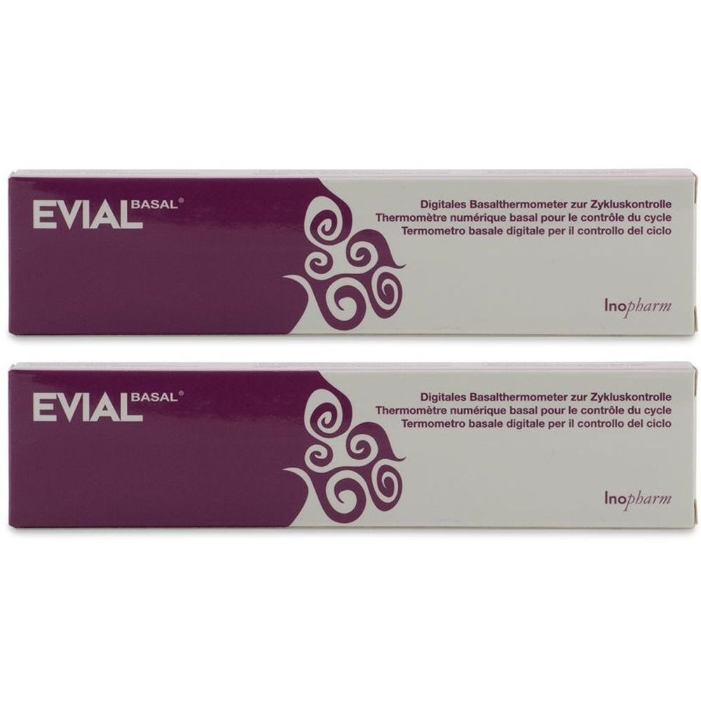 Deux boîtes EVIAL BASAL. Texte: Thermomètre numérique basal pour le contrôle du cycle. Inopharm.