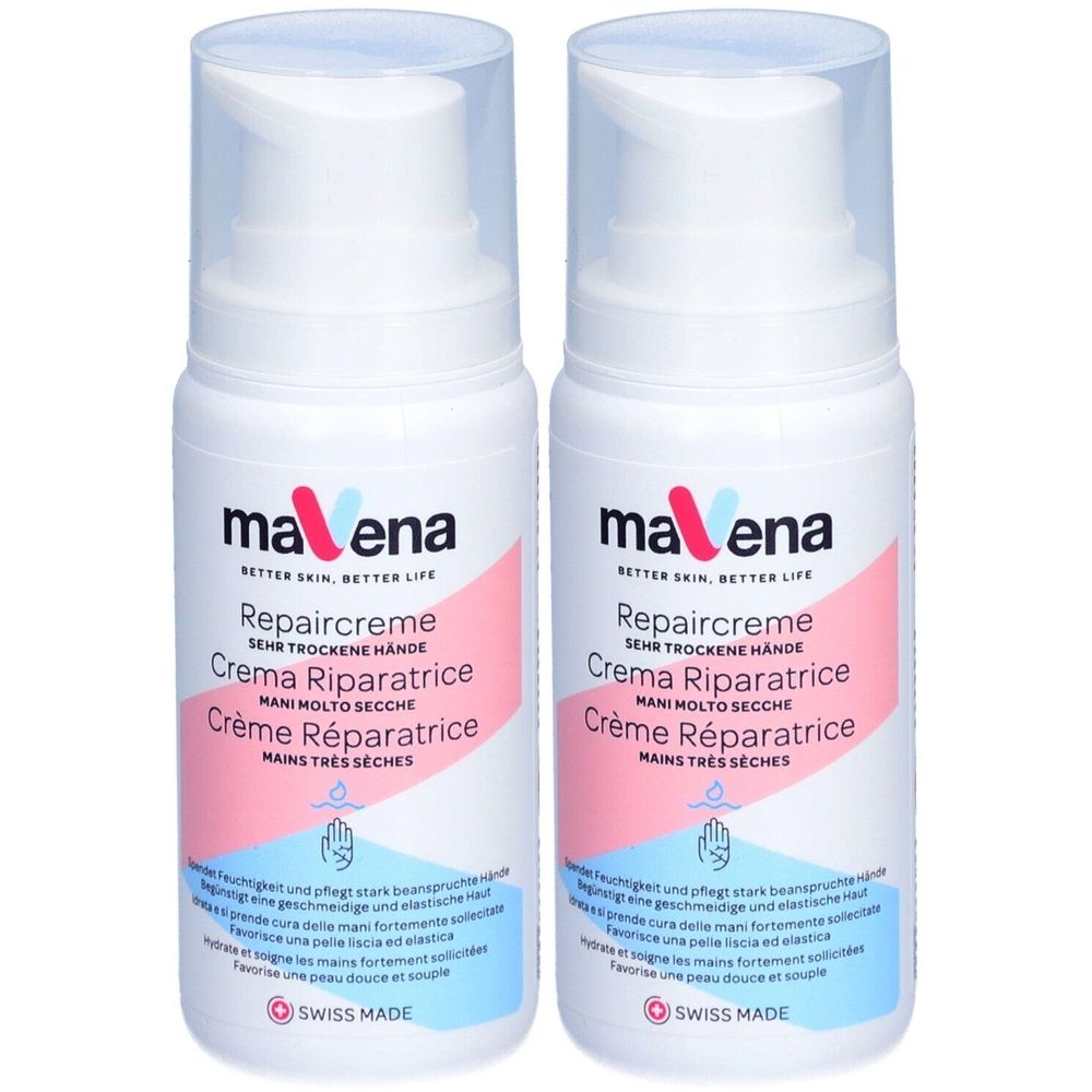 Deux flacons blancs avec pompe. Inscription: Mavena Repaircreme pour mains très sèches. Swiss Made.