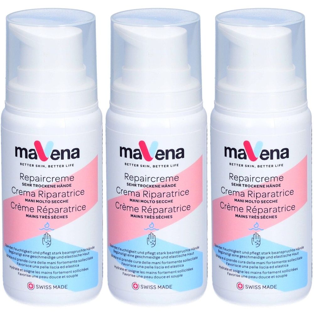 Drie witte flessen met pompsluiting. Op elke fles staat "mavena Repaircreme" in meerdere talen. Swiss Made.