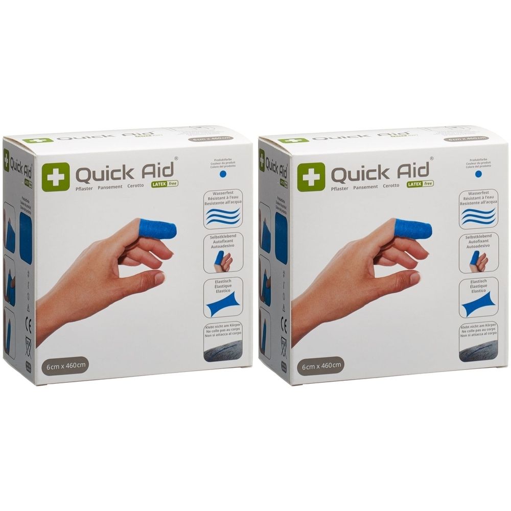 Twee verpakkingen van QUICK AID. Elke verpakking toont een blauw vingerverband dat op een vinger wordt gedragen. De tekst geeft 6 x 460 cm aan.