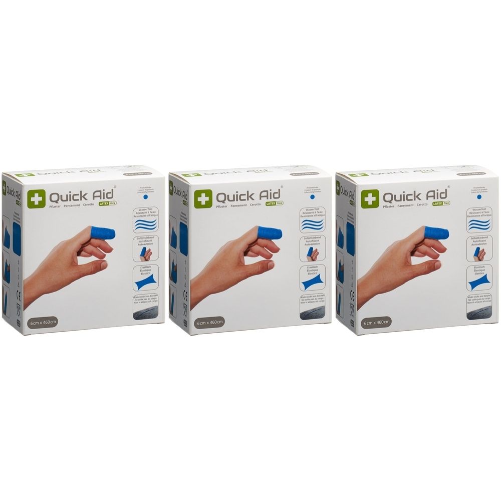 Drie dozen met blauwe vingerbeschermers. Elke doos toont een hand met een blauwe vingerbeschermer. De tekst "Quick Aid" is zichtbaar.