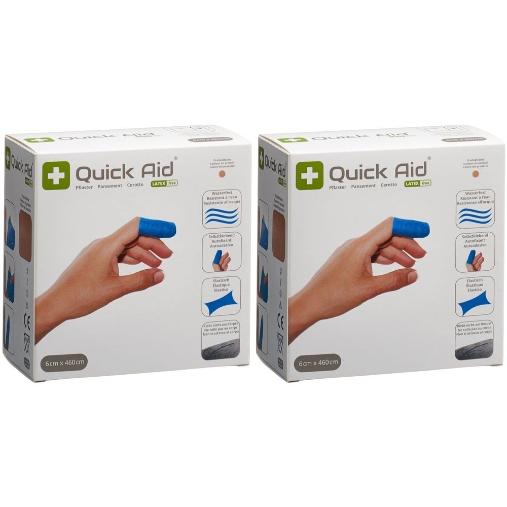 Deux boîtes de QUICK AID. Inscription : Sans latex. Une main avec un doigtier bleu est montrée. 6 x 460 cm.