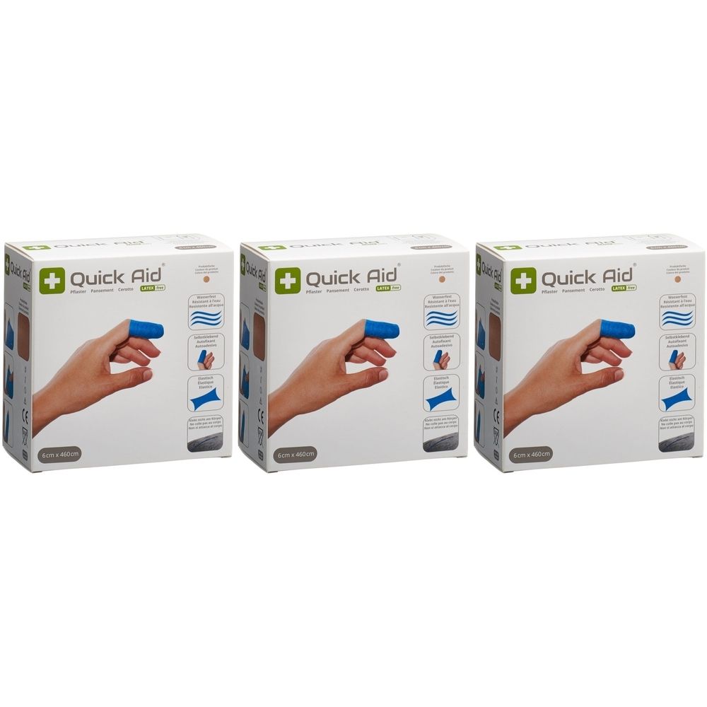 Trois boîtes de pansements QUICK AID. Chaque boîte montre un doigt avec un pansement bleu.
