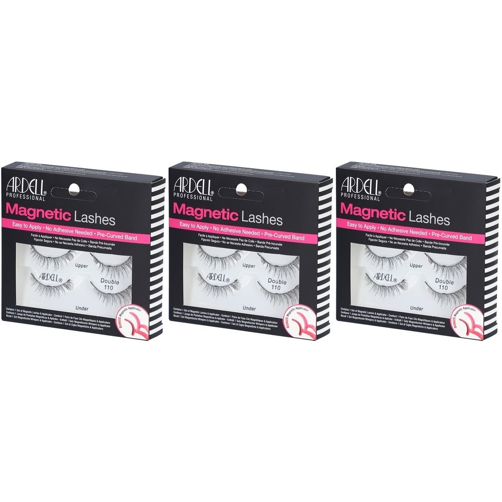 Drie verpakkingen Ardell Magnetic Lashes Double #110. Zwarte verpakking met productafbeelding. Tekst: Magnetic Lashes, Double 110.
