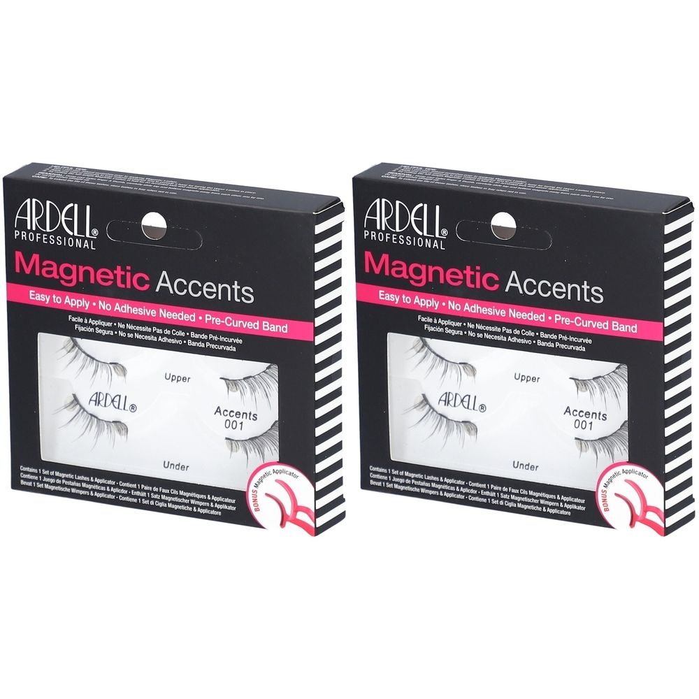 Twee verpakkingen Ardell Magnetic Accents magnetische wimpers. Zwarte verpakking met productnaam en merklogo. Wimpers zichtbaar op karton.