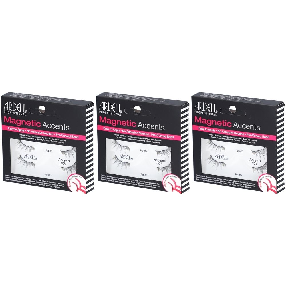 Drie verpakkingen Ardell Magnetic Accents Magnetwimpers Type 001. Zwarte verpakking met productnaam en wimperafbeelding.