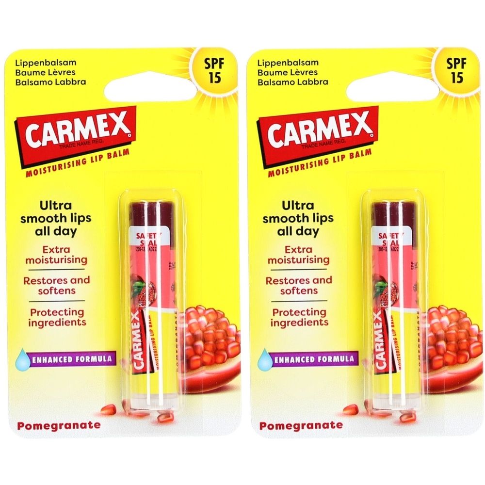 Twee CARMEX lippenbalsem verpakkingen. Gele kaart met product en granaatappelmotief. Tekst: SPF 15, ultra gladde lippen, granaatappel.