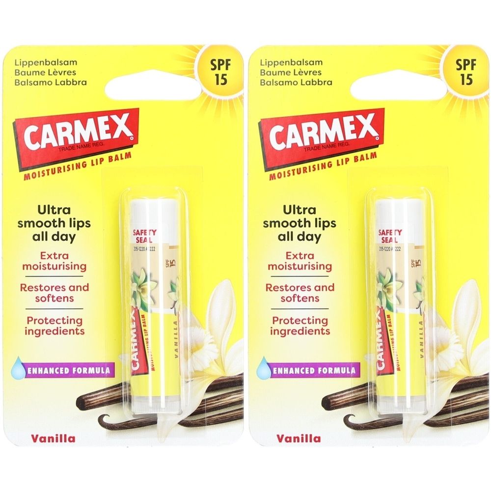 Twee CARMEX lippenbalsem verpakkingen. Gele verpakking met product en tekst. Bevat SPF 15. Vanillesmaak.