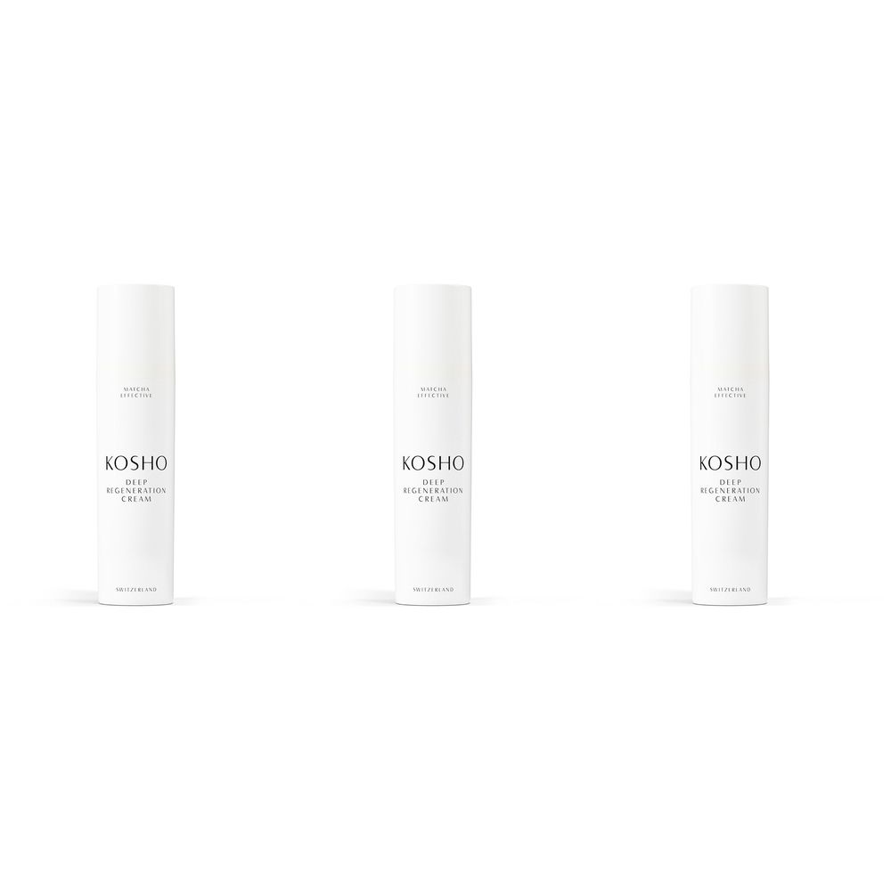 Trois crèmes blanches Kosho. Inscription: Deep Regeneration Cream. Crème régénérante nuit.