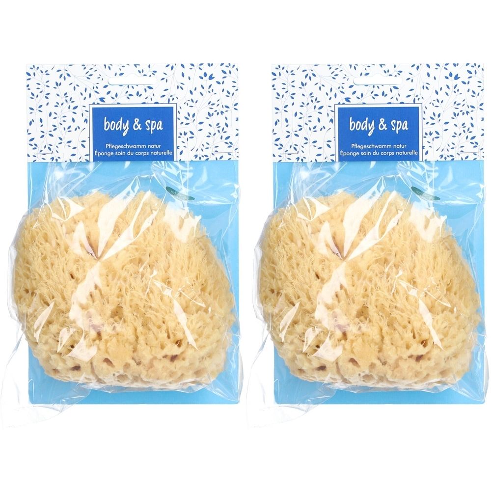 Twee natuurlijke lichaamssponzen in verpakking. Opschrift "body & spa".