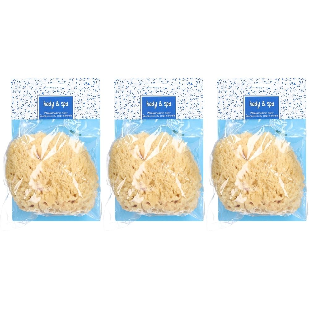 Drie natuurlijke lichaamssponzen in folieverpakking. Op blauwe kaarten met "body & spa"-logo.