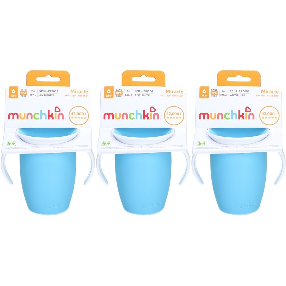 Drie blauwe bekers met handvatten en verpakking. Op de verpakking staat "munchkin Miracle 360°".