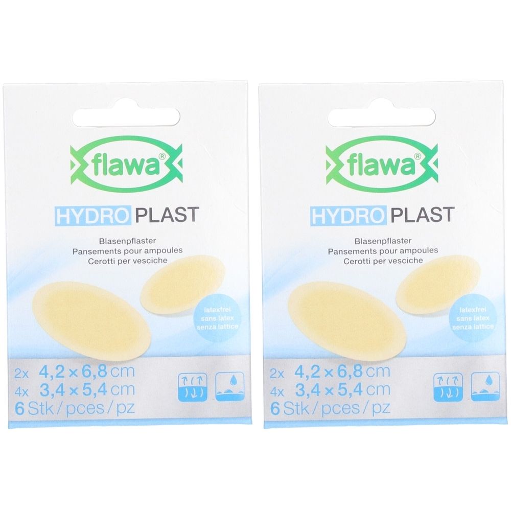 Twee pakken Flawa Hydro Plast blarenpleisters. Elk pak bevat 6 pleisters in twee maten.