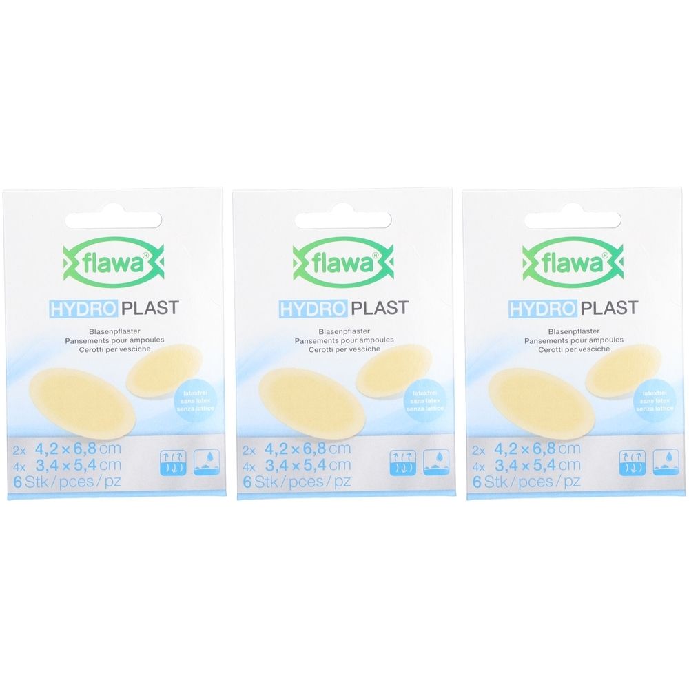 Drie pakken Flawa Hydro Plast blarenpleisters, 6 stuks per pak. Elk pak bevat twee pleisters van 4,2x6,8 cm en twee van 3,4x5,4 cm.