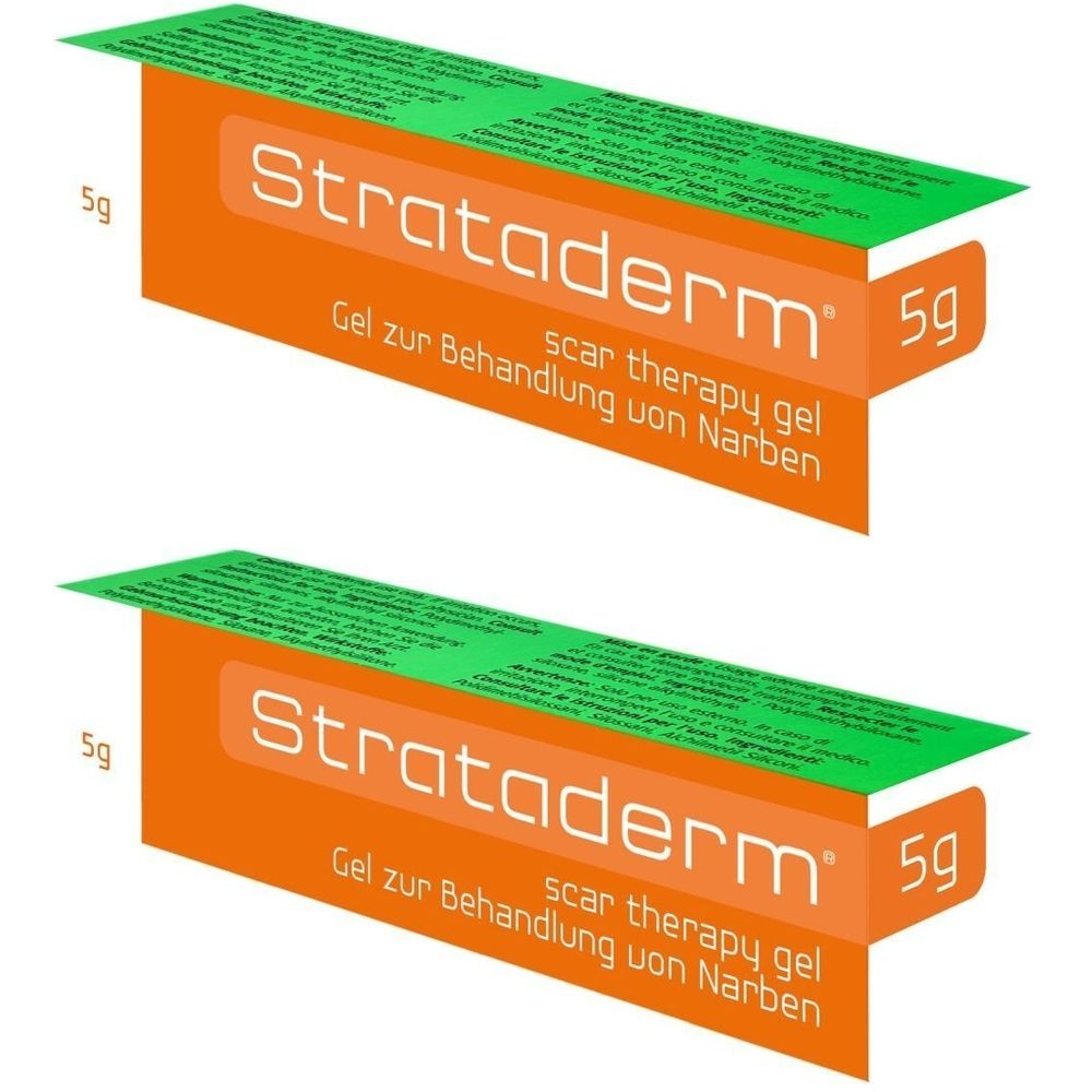 Twee verpakkingen Strataderm littekengel. Oranje doos met groene deksel. Opschrift: "Strataderm", "5g", "Gel zur Behandlung von Narben".